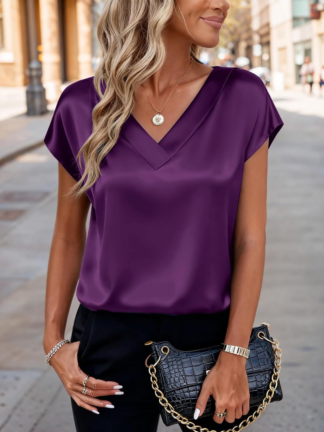 image:imageZeagoo Women Satin V Neck Blouse Cap Short Sleeve Business Casual Top S2XLPurple