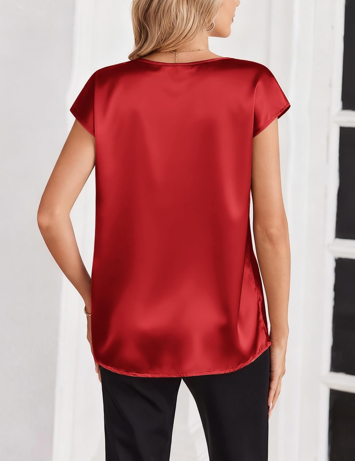 image:imageZeagoo Women Satin V Neck Blouse Cap Short Sleeve Business Casual Top S2XLRed