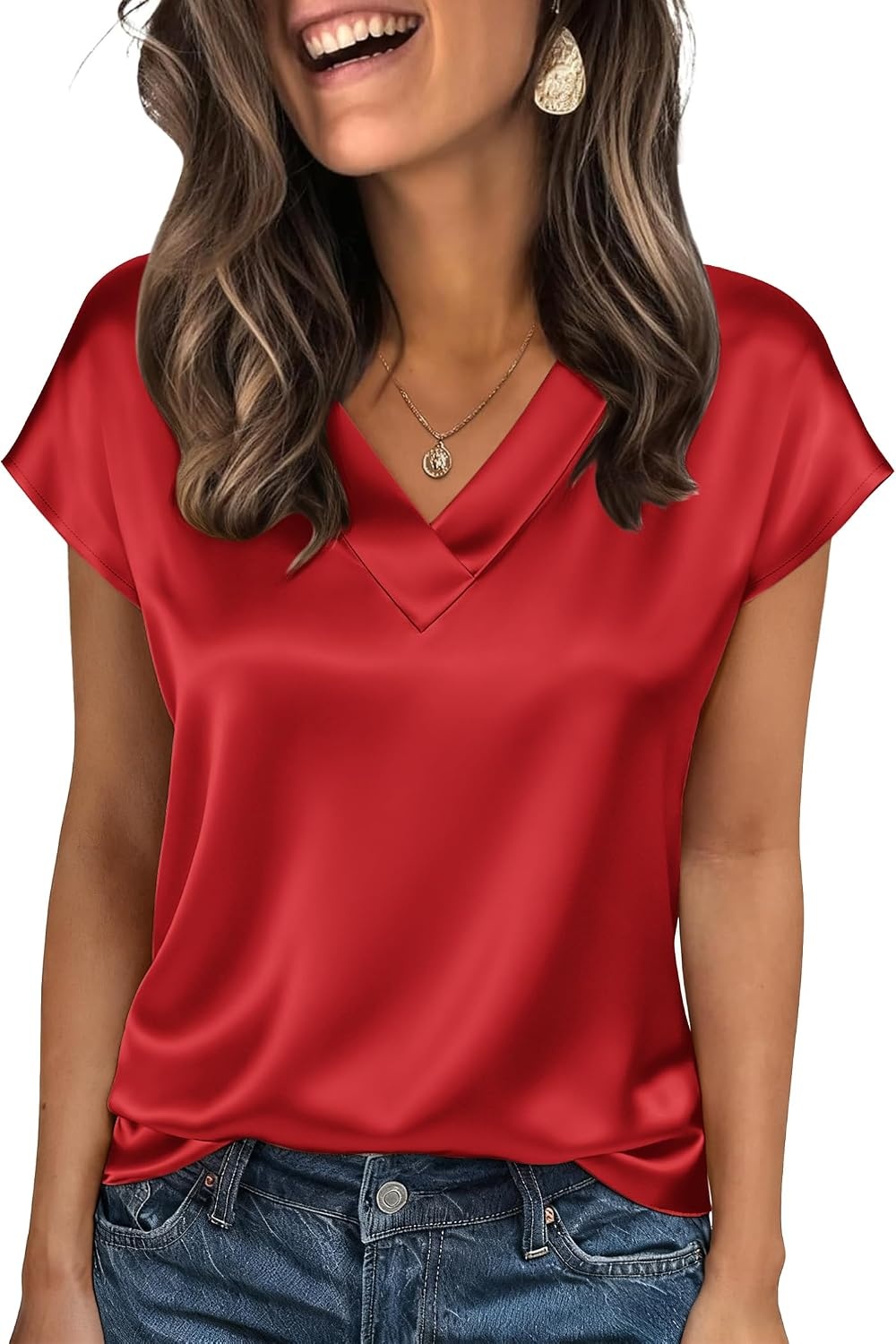 image:imageZeagoo Women Satin V Neck Blouse Cap Short Sleeve Business Casual Top S2XLRed
