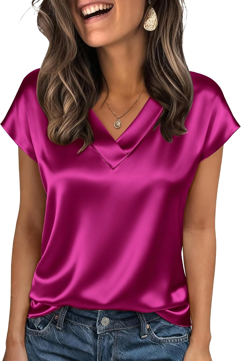 image:imageZeagoo Women Satin V Neck Blouse Cap Short Sleeve Business Casual Top S2XLRose Red