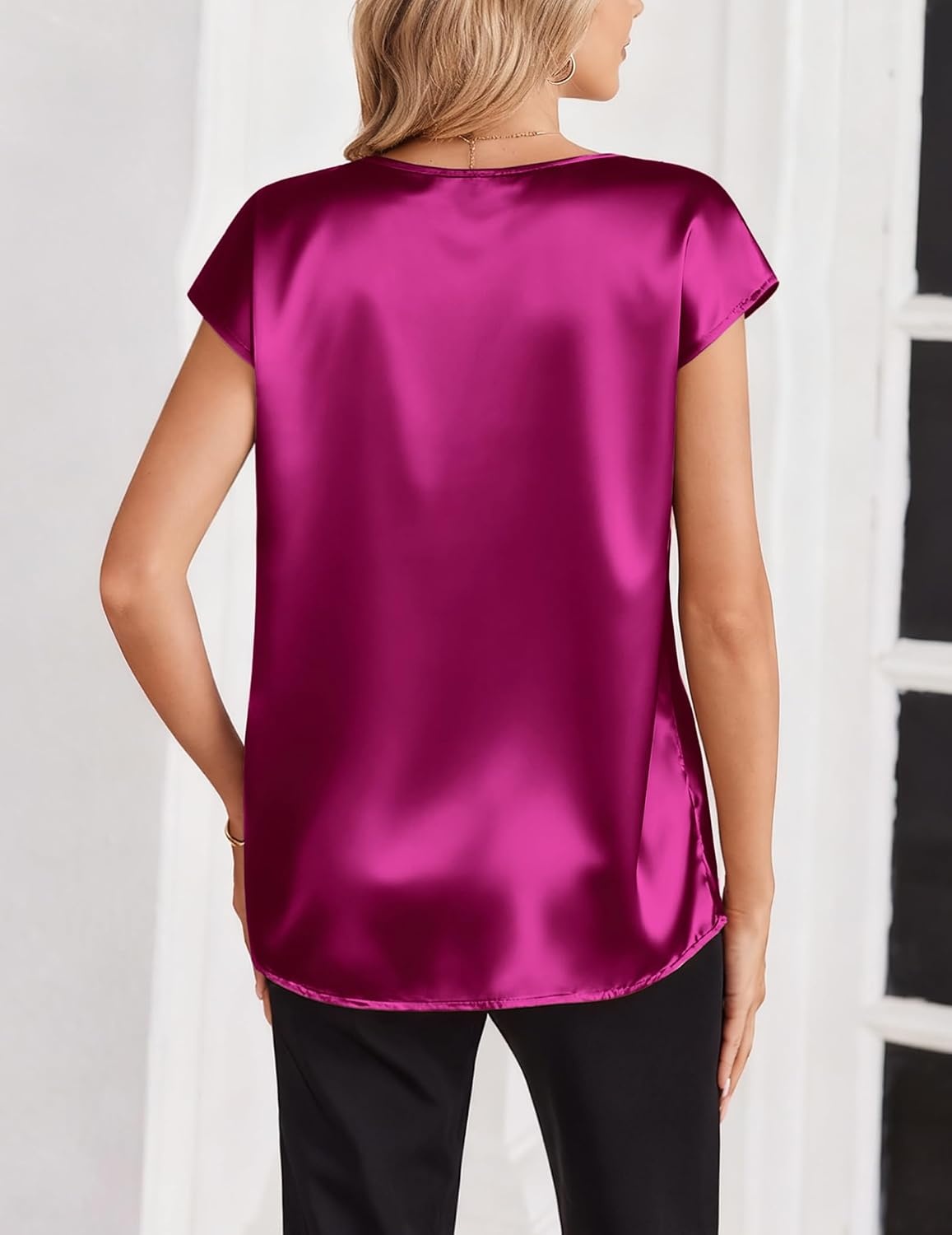 image:imageZeagoo Women Satin V Neck Blouse Cap Short Sleeve Business Casual Top S2XLRose Red