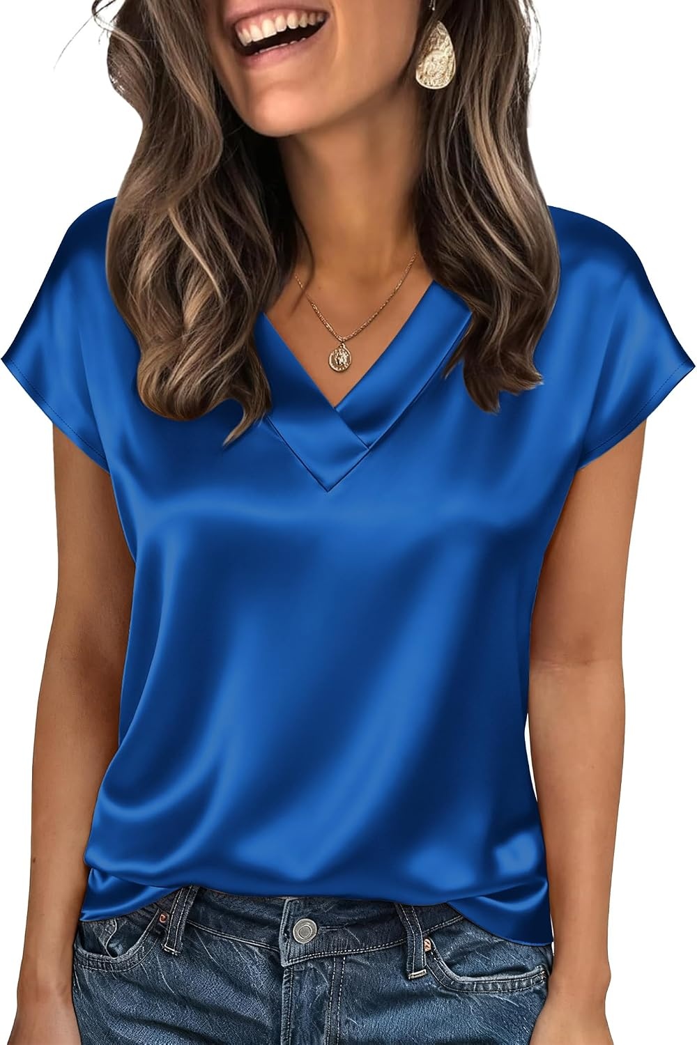 image:imageZeagoo Women Satin V Neck Blouse Cap Short Sleeve Business Casual Top S2XLSky Blue