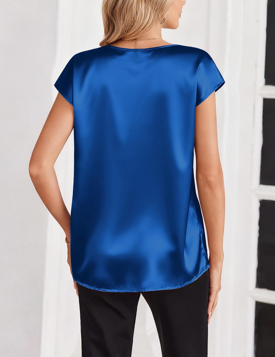 image:imageZeagoo Women Satin V Neck Blouse Cap Short Sleeve Business Casual Top S2XLSky Blue