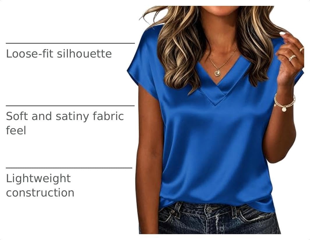 image:imageZeagoo Women Satin V Neck Blouse Cap Short Sleeve Business Casual Top S2XLSky Blue