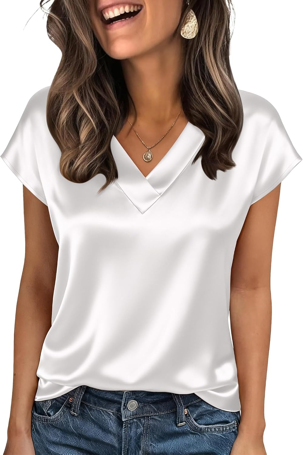 image:imageZeagoo Women Satin V Neck Blouse Cap Short Sleeve Business Casual Top S2XLWhite