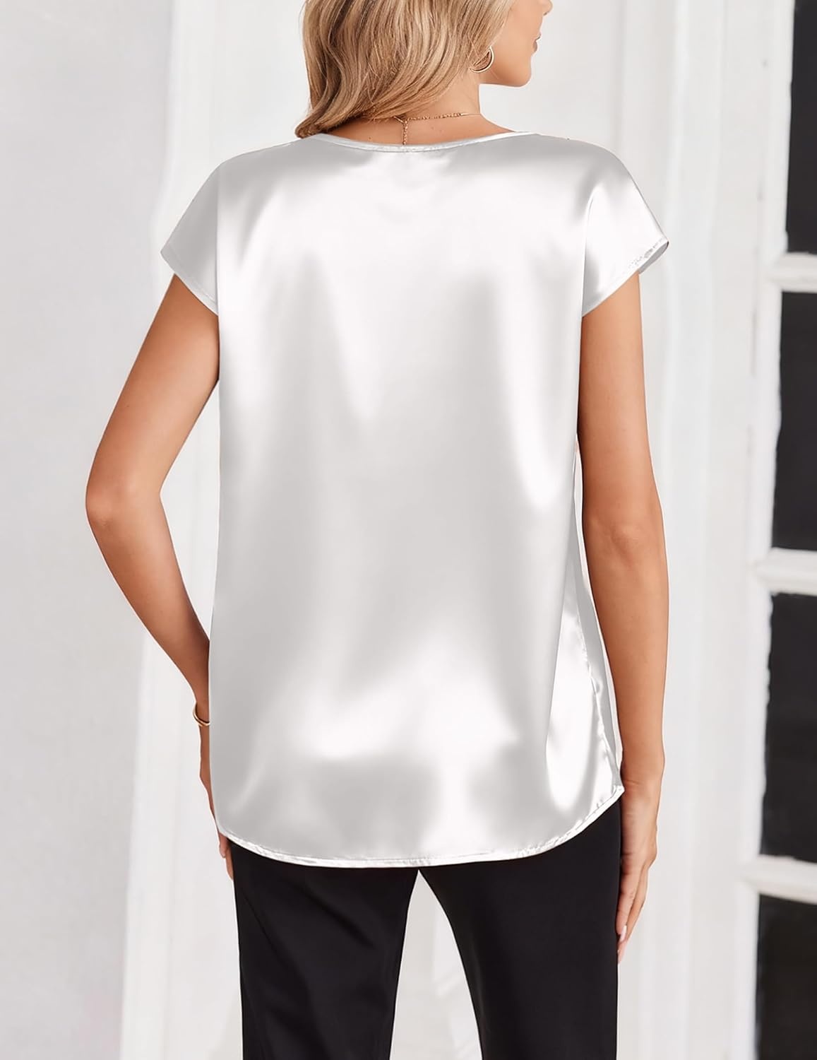 image:imageZeagoo Women Satin V Neck Blouse Cap Short Sleeve Business Casual Top S2XLWhite