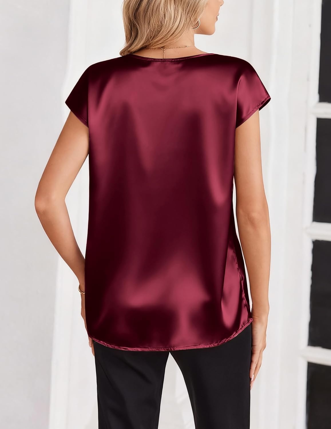 image:imageZeagoo Women Satin V Neck Blouse Cap Short Sleeve Business Casual Top S2XLWine Red