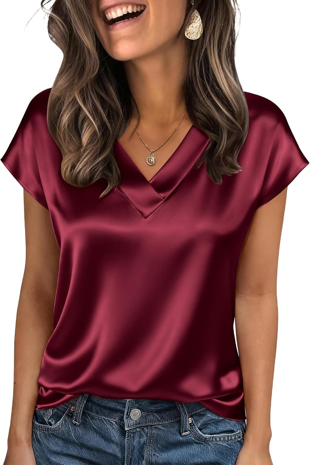image:imageZeagoo Women Satin V Neck Blouse Cap Short Sleeve Business Casual Top S2XLWine Red