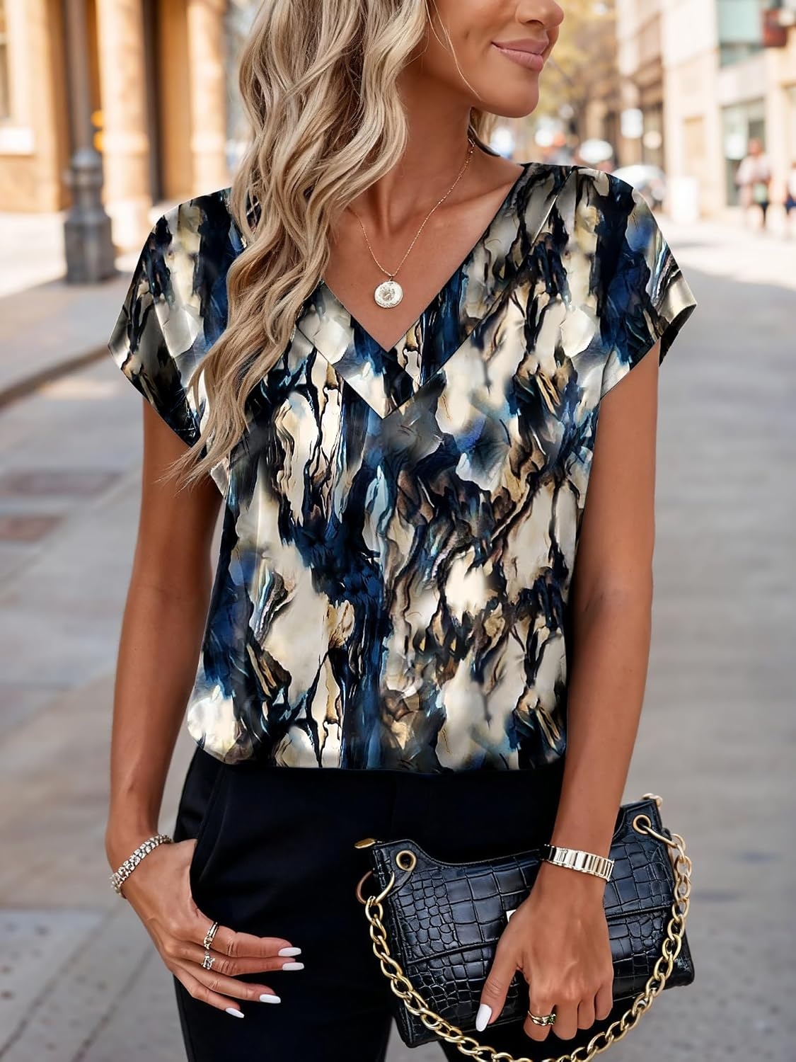 image:imageZeagoo Women Satin V Neck Blouse Cap Short Sleeve Business Casual Top S2XLZr220