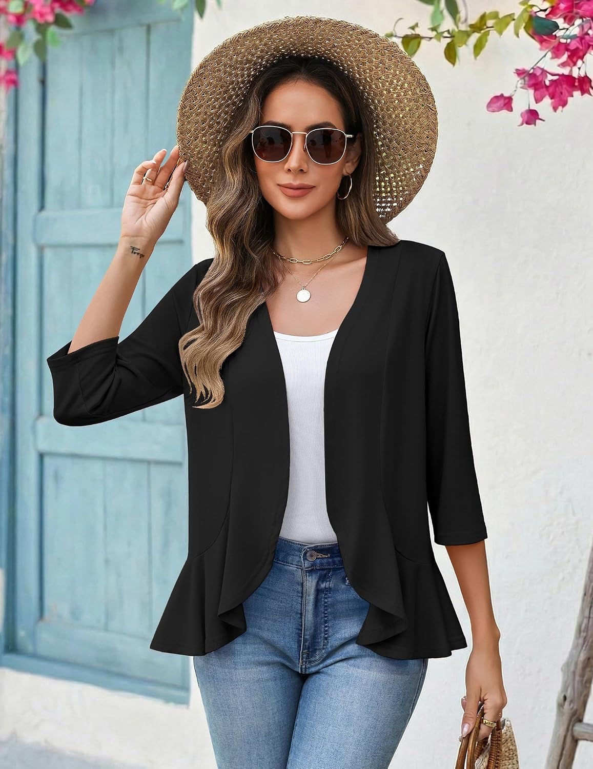 image:imageZeagoo Womens 2026 Summer 34 Sleeve Lightweight Cardigans Ruffles CoverupAblack
