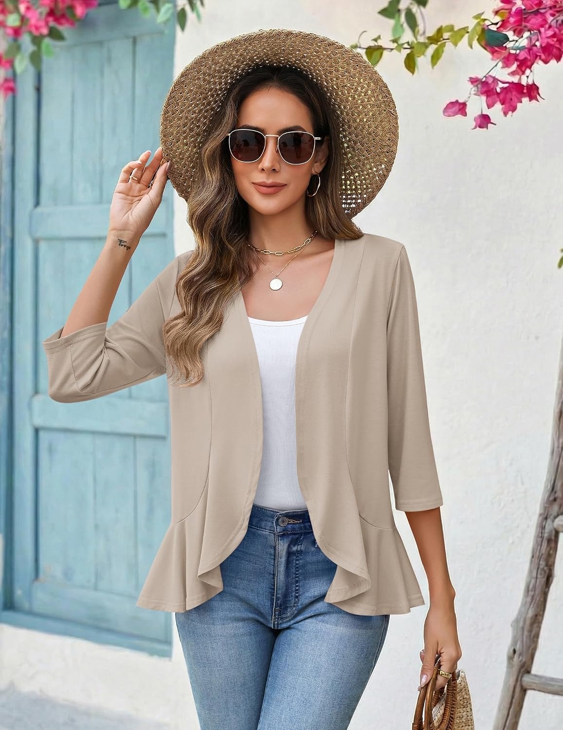 image:imageZeagoo Womens 2026 Summer 34 Sleeve Lightweight Cardigans Ruffles CoverupApricot