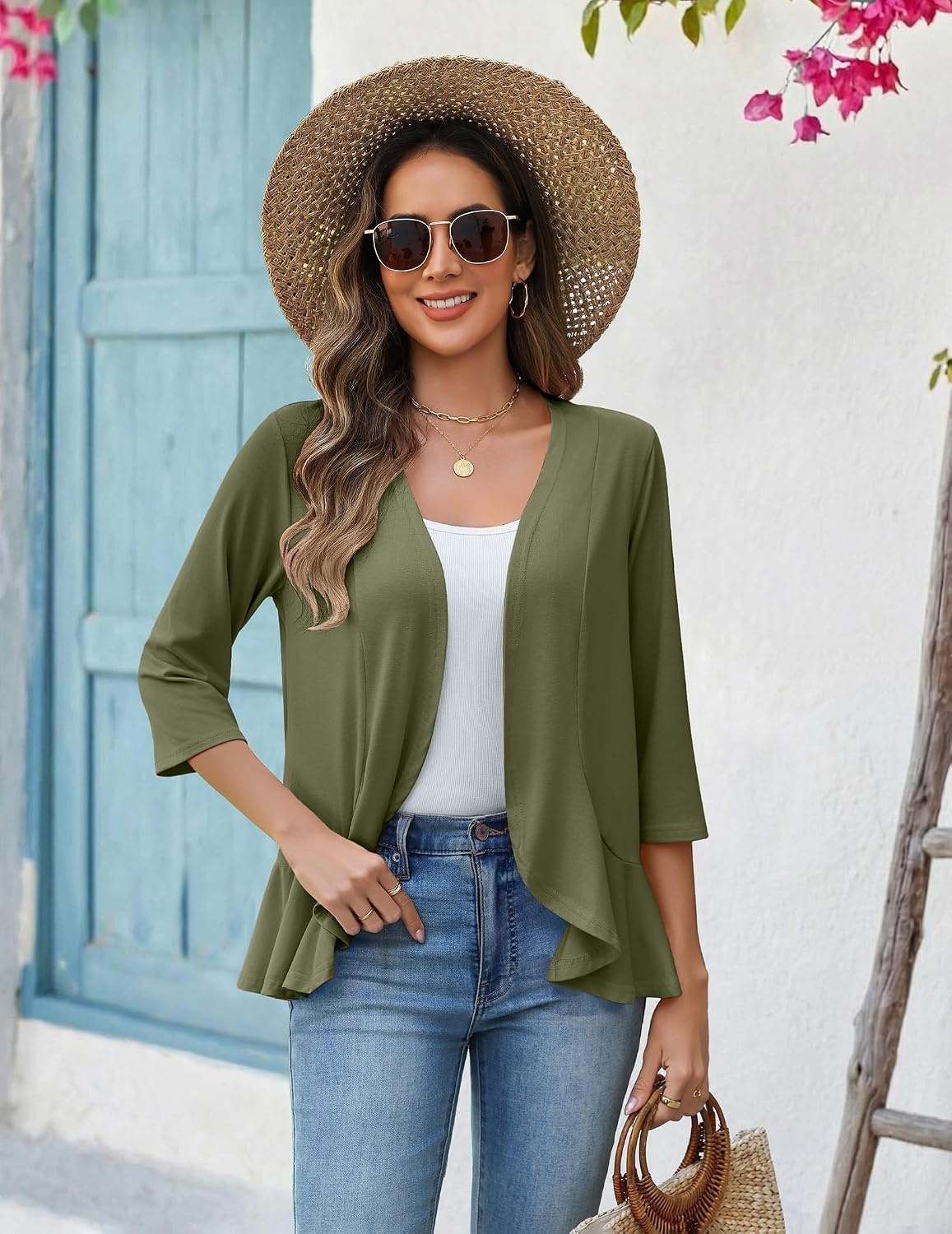 image:imageZeagoo Womens 2026 Summer 34 Sleeve Lightweight Cardigans Ruffles CoverupArmy Green