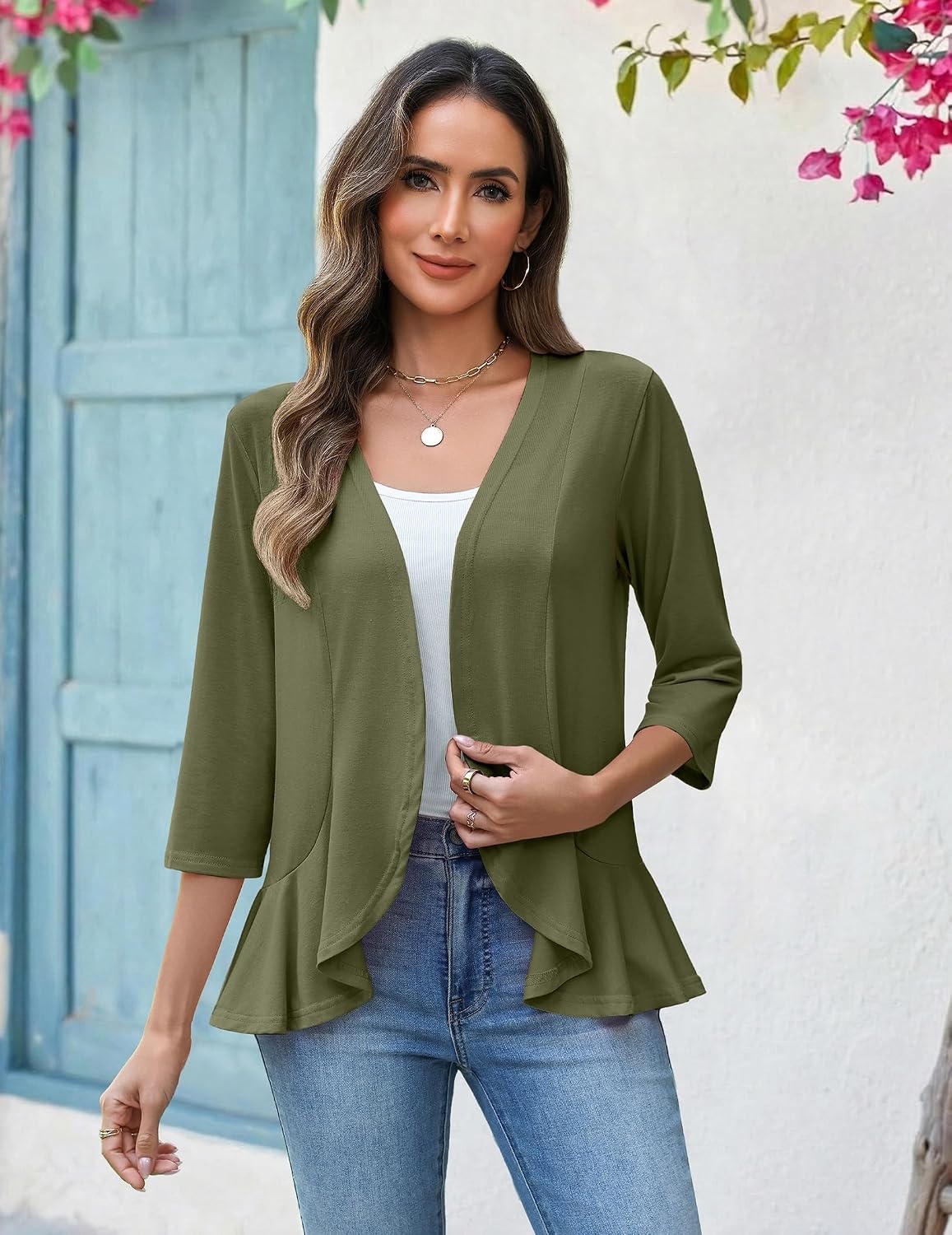 image:imageZeagoo Womens 2026 Summer 34 Sleeve Lightweight Cardigans Ruffles CoverupArmy Green