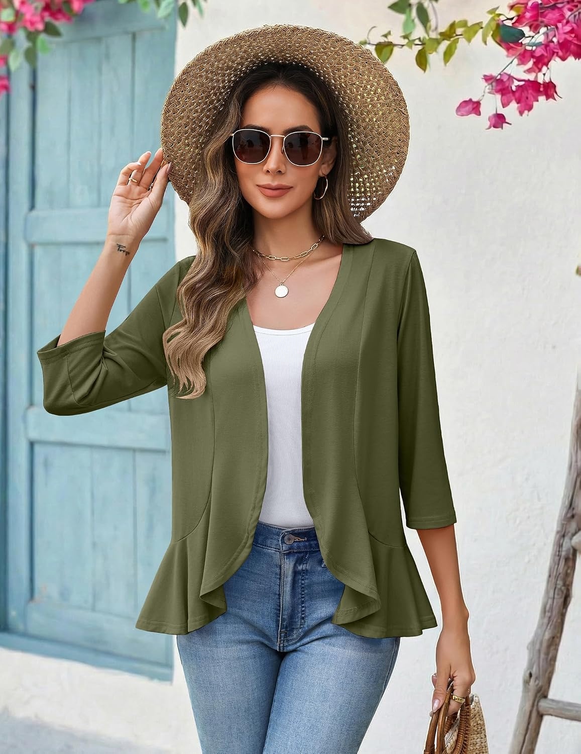 image:imageZeagoo Womens 2026 Summer 34 Sleeve Lightweight Cardigans Ruffles CoverupArmy Green