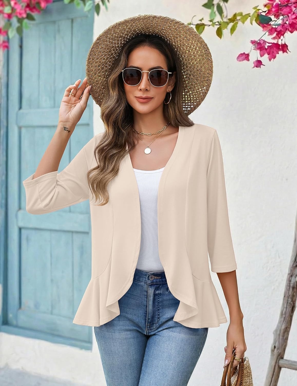 image:imageZeagoo Womens 2026 Summer 34 Sleeve Lightweight Cardigans Ruffles CoverupBeige