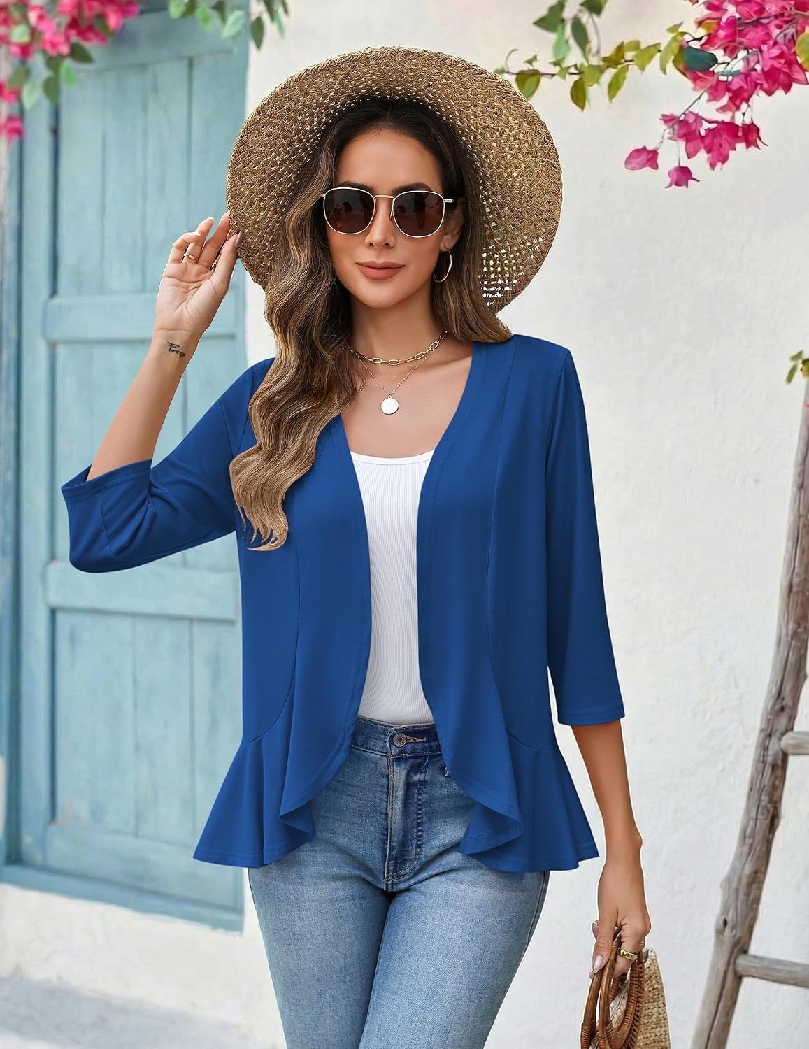 image:imageZeagoo Womens 2026 Summer 34 Sleeve Lightweight Cardigans Ruffles CoverupBlue