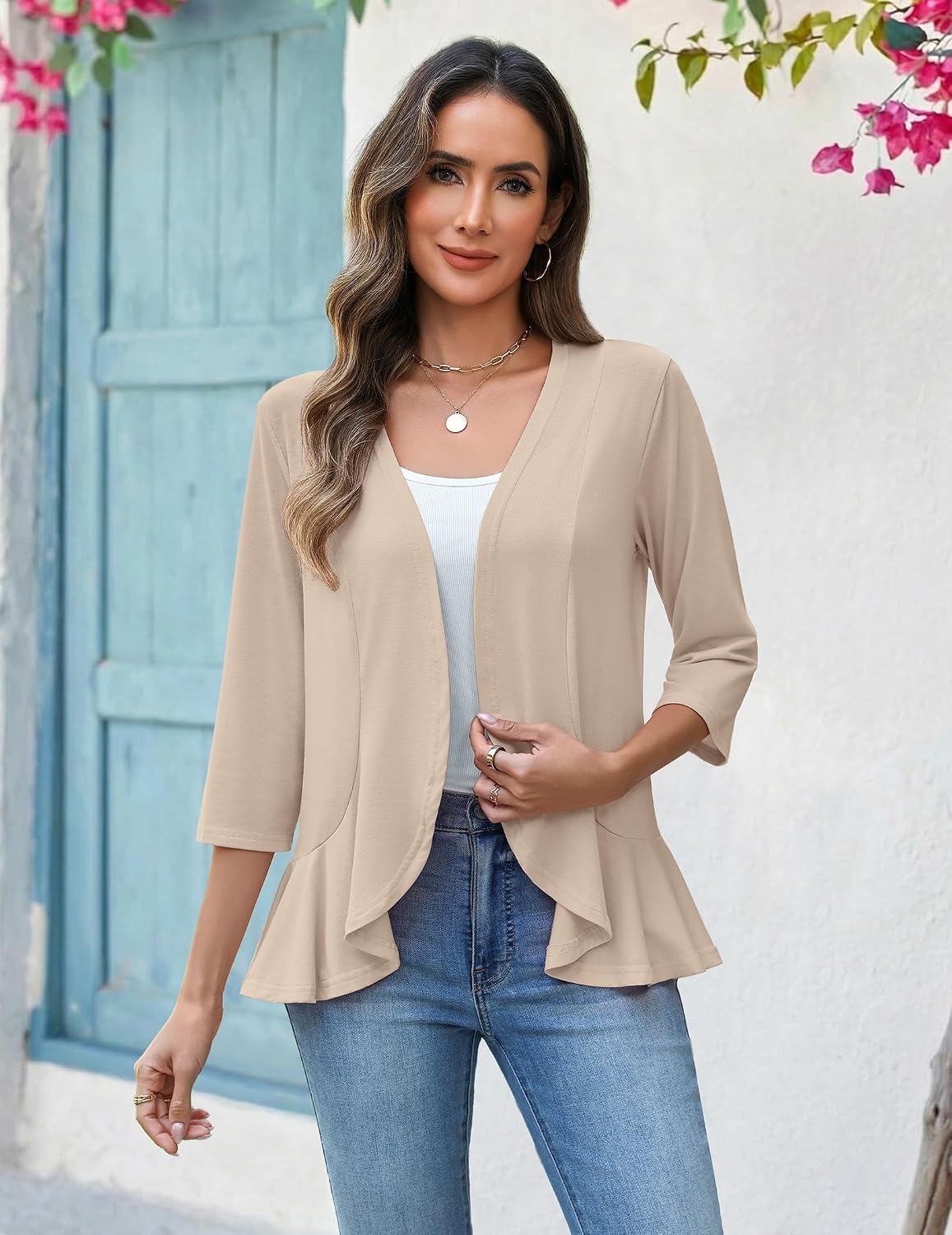 image:imageZeagoo Womens 2026 Summer 34 Sleeve Lightweight Cardigans Ruffles CoverupKhaki
