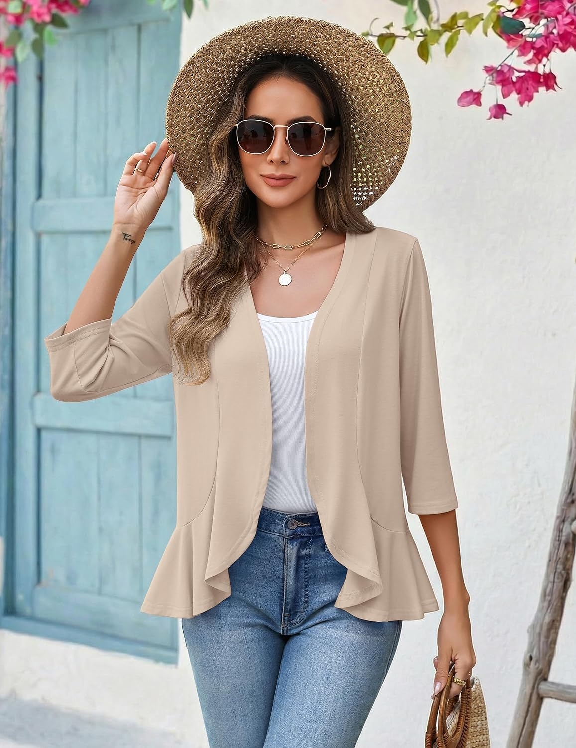 image:imageZeagoo Womens 2026 Summer 34 Sleeve Lightweight Cardigans Ruffles CoverupKhaki