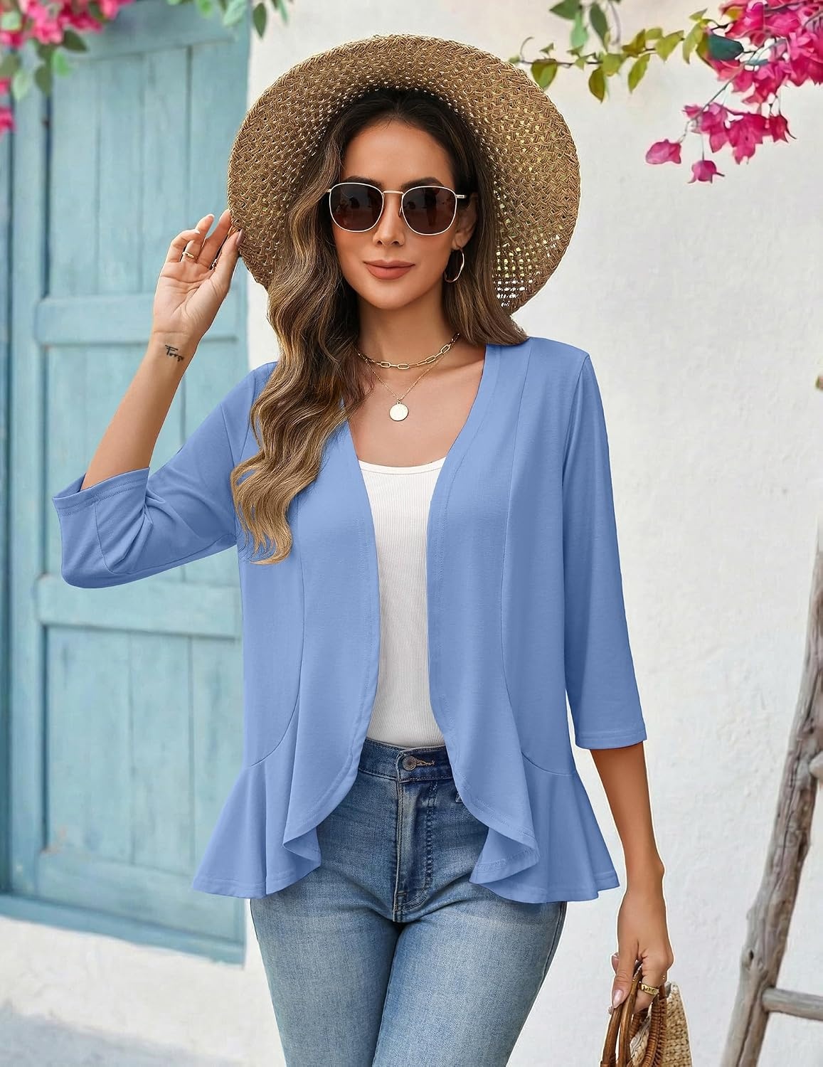 image:imageZeagoo Womens 2026 Summer 34 Sleeve Lightweight Cardigans Ruffles CoverupLight Blue