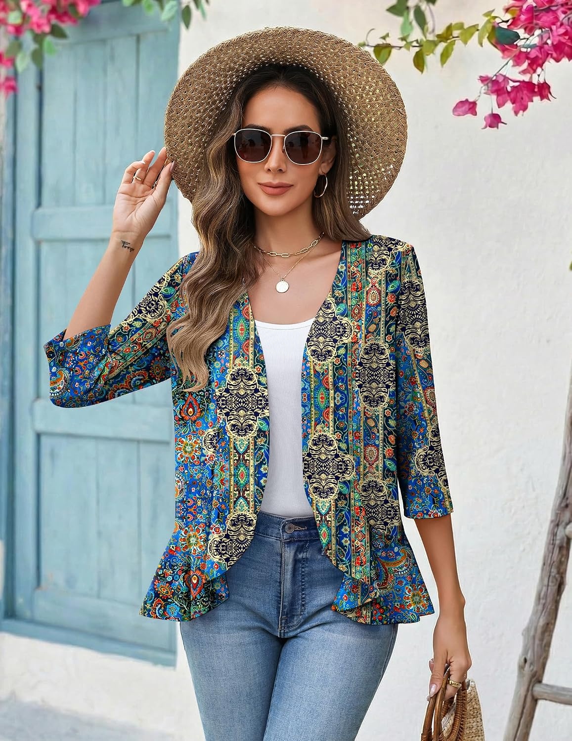 image:imageZeagoo Womens 2026 Summer 34 Sleeve Lightweight Cardigans Ruffles CoverupMz779