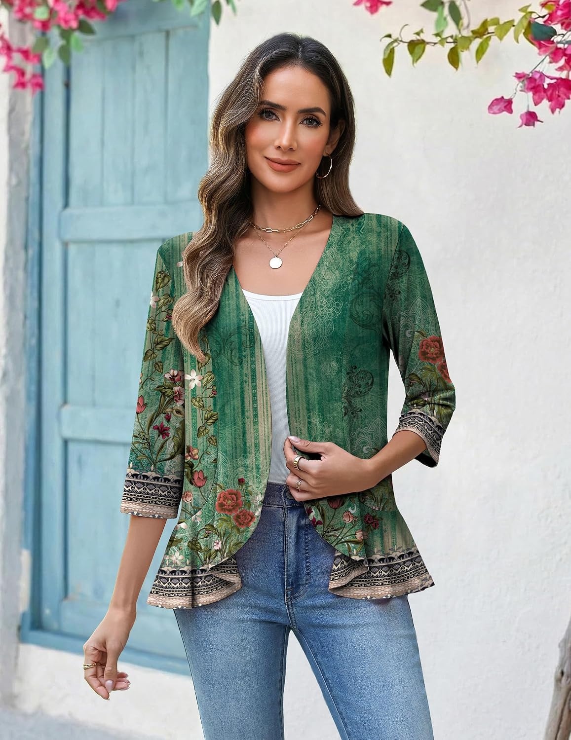 image:imageZeagoo Womens 2026 Summer 34 Sleeve Lightweight Cardigans Ruffles CoverupMz839