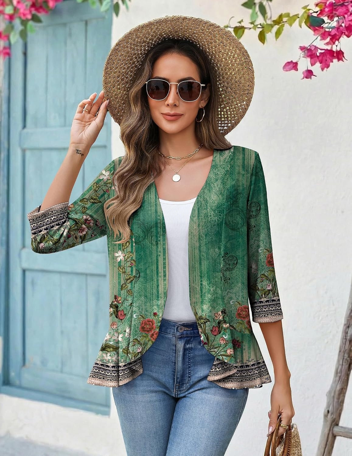 image:imageZeagoo Womens 2026 Summer 34 Sleeve Lightweight Cardigans Ruffles CoverupMz839