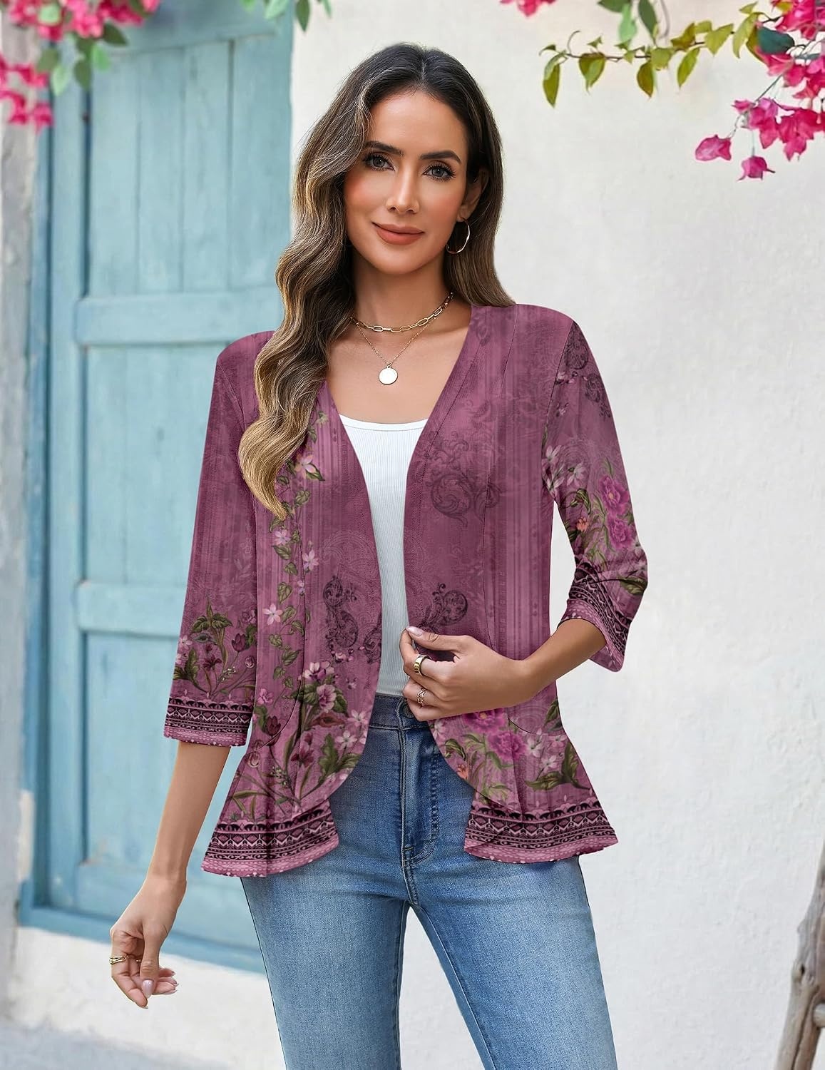 image:imageZeagoo Womens 2026 Summer 34 Sleeve Lightweight Cardigans Ruffles CoverupMz841
