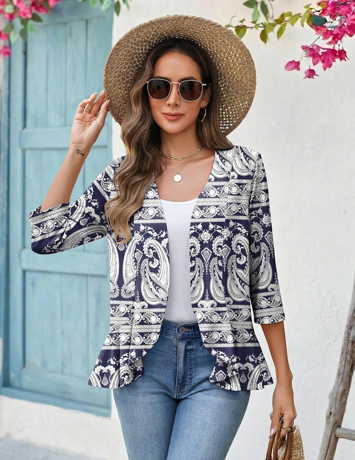 image:imageZeagoo Womens 2026 Summer 34 Sleeve Lightweight Cardigans Ruffles CoverupMz908