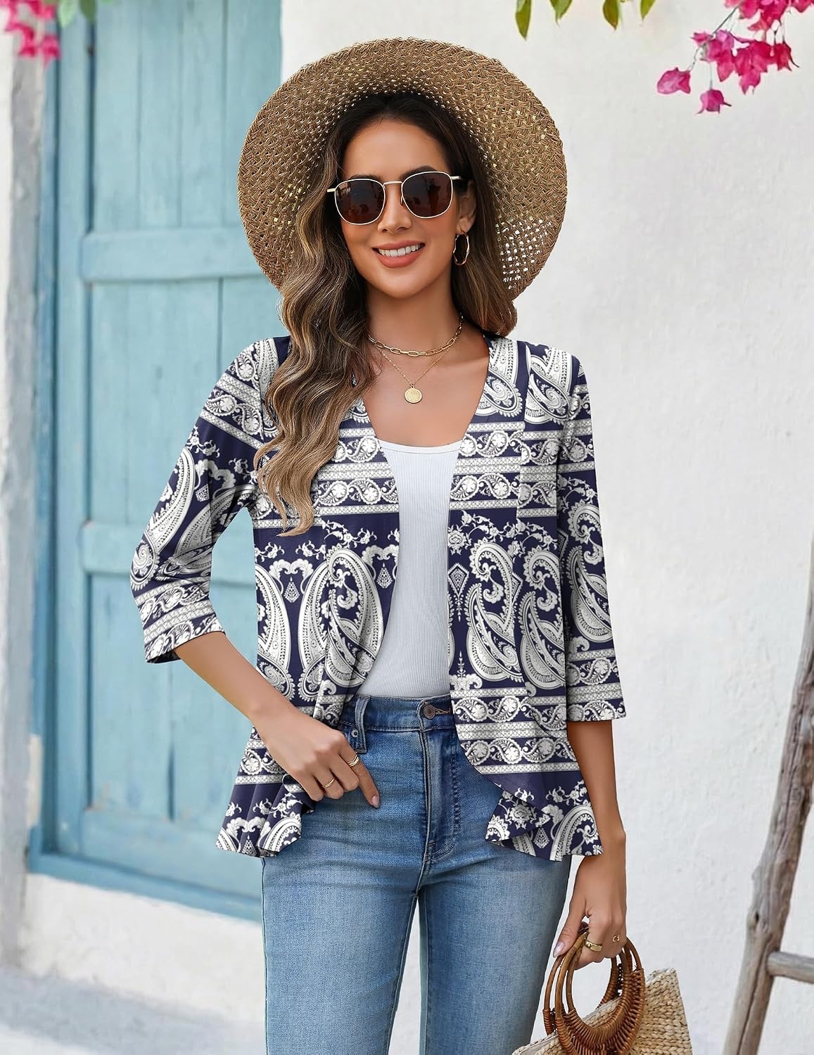 image:imageZeagoo Womens 2026 Summer 34 Sleeve Lightweight Cardigans Ruffles CoverupMz908