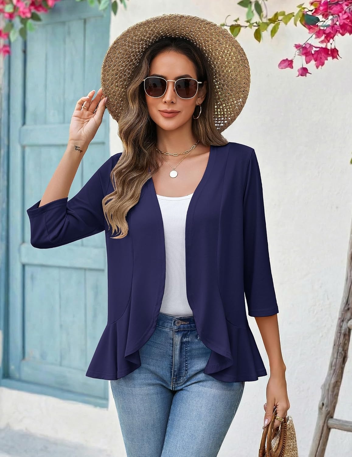 image:imageZeagoo Womens 2026 Summer 34 Sleeve Lightweight Cardigans Ruffles CoverupNavy Blue