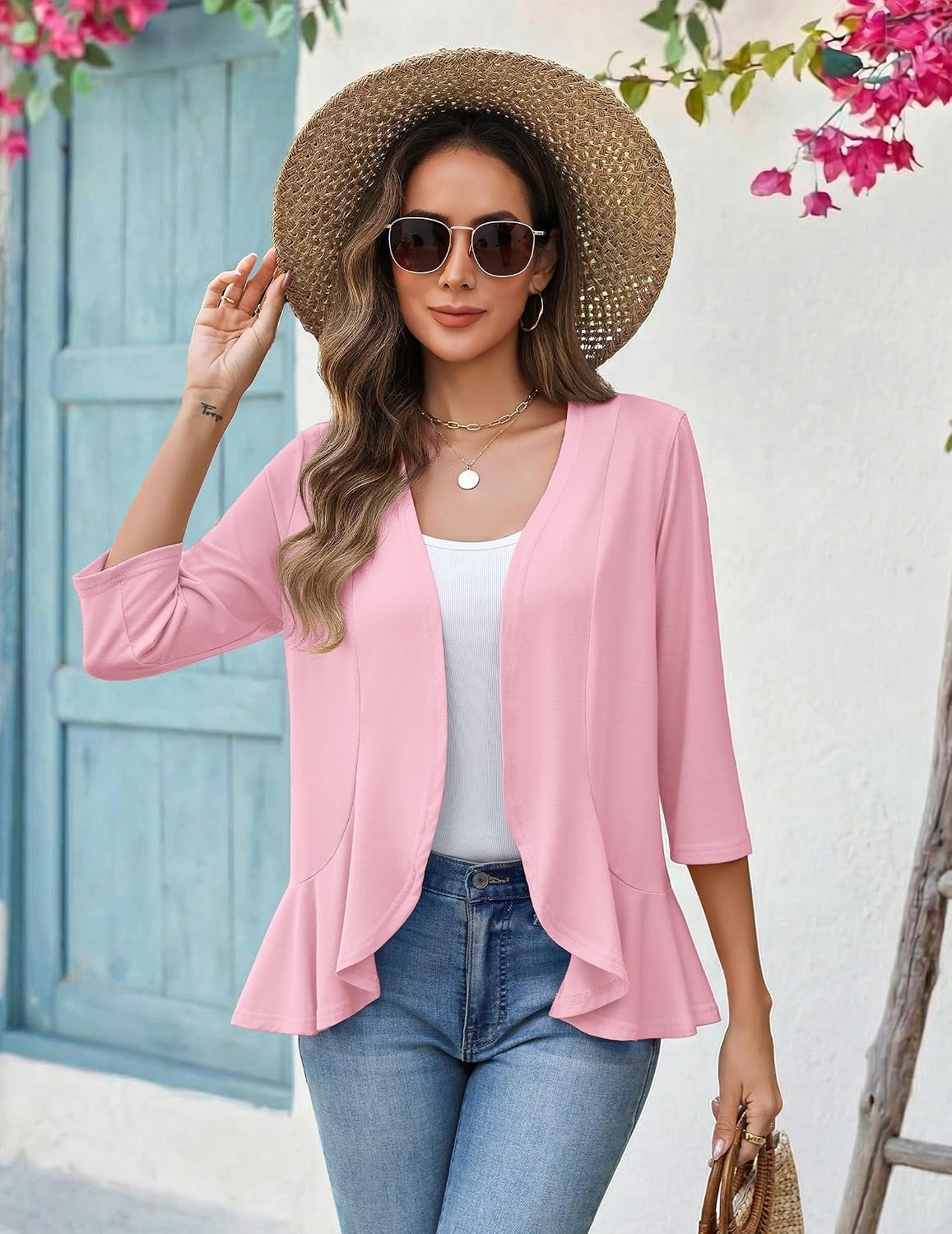 image:imageZeagoo Womens 2026 Summer 34 Sleeve Lightweight Cardigans Ruffles CoverupPink