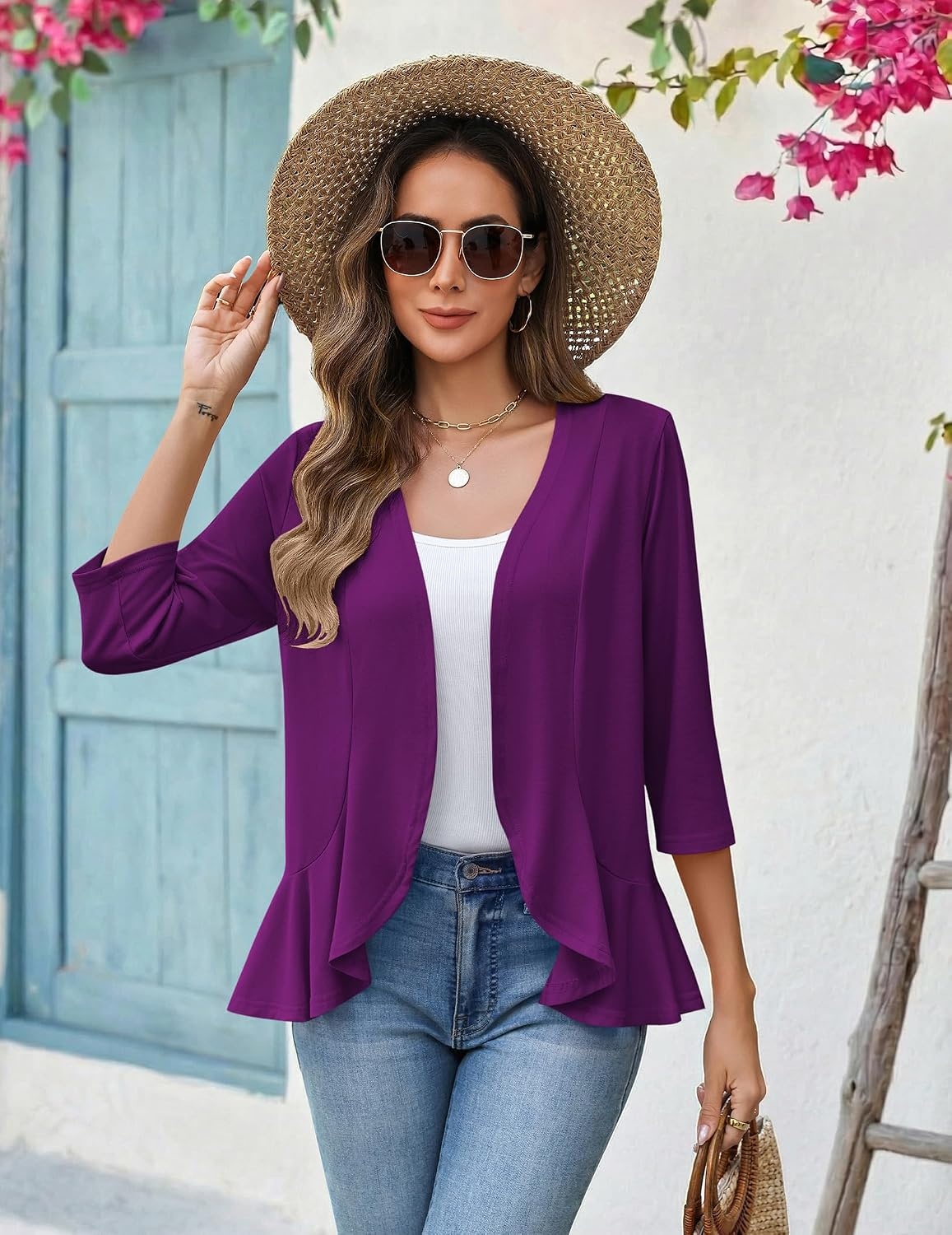 image:imageZeagoo Womens 2026 Summer 34 Sleeve Lightweight Cardigans Ruffles CoverupPurple