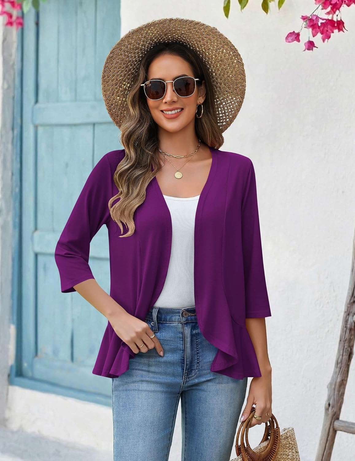 image:imageZeagoo Womens 2026 Summer 34 Sleeve Lightweight Cardigans Ruffles CoverupPurple