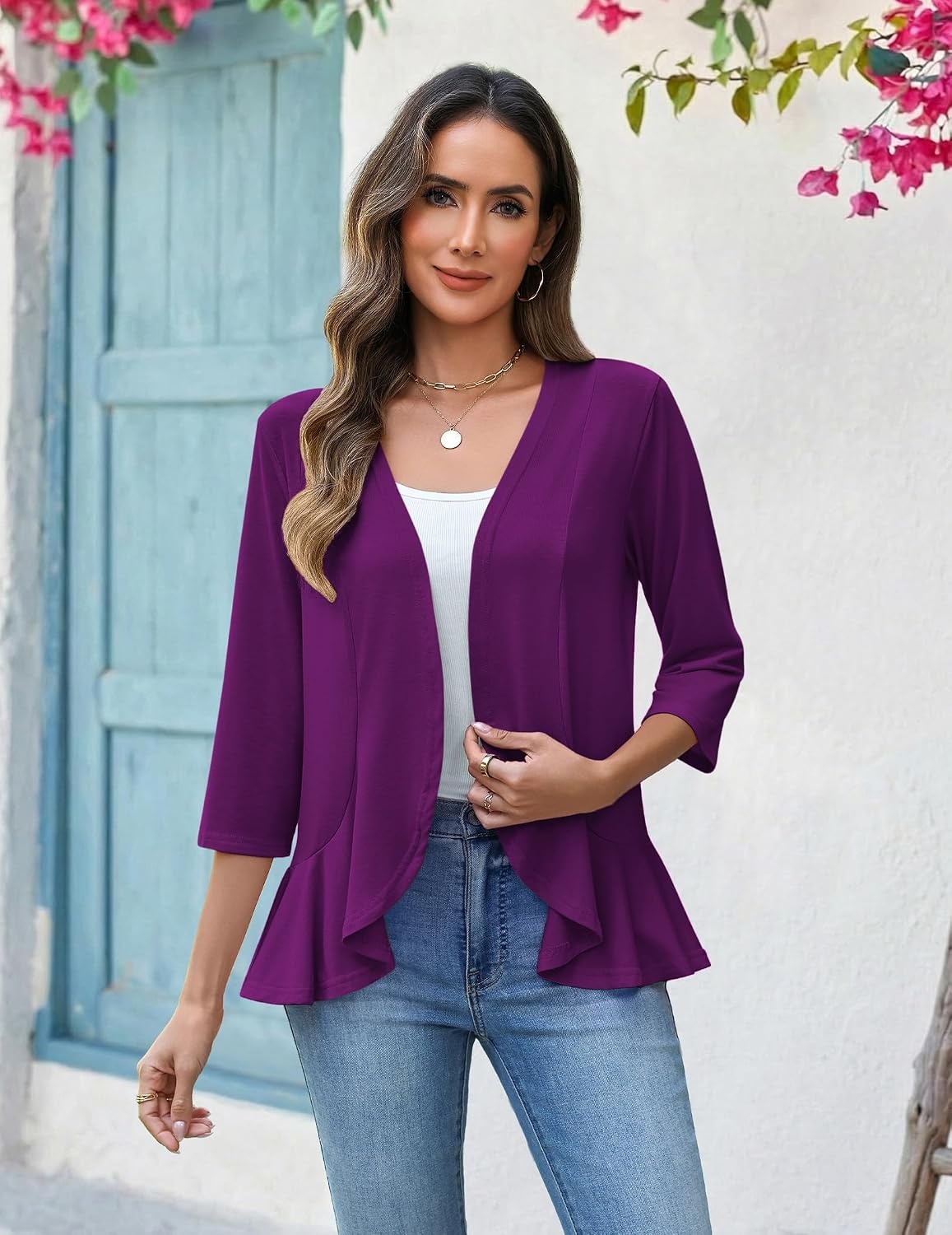 image:imageZeagoo Womens 2026 Summer 34 Sleeve Lightweight Cardigans Ruffles CoverupPurple