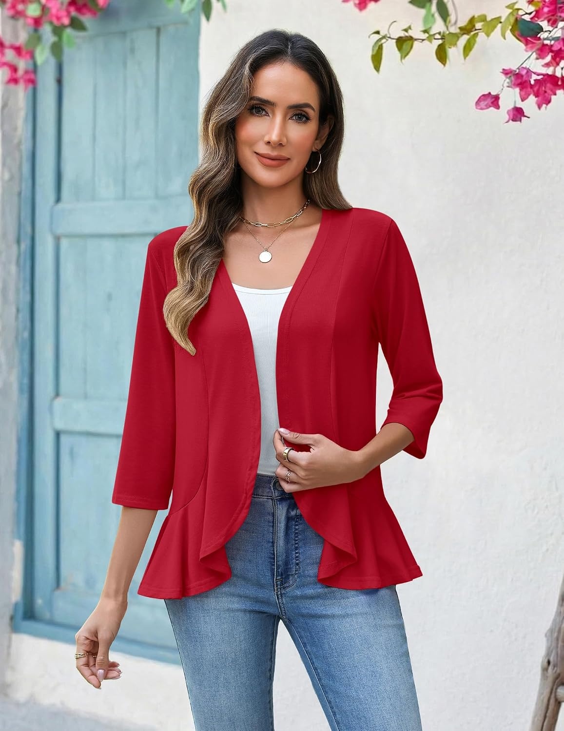 image:imageZeagoo Womens 2026 Summer 34 Sleeve Lightweight Cardigans Ruffles CoverupRed