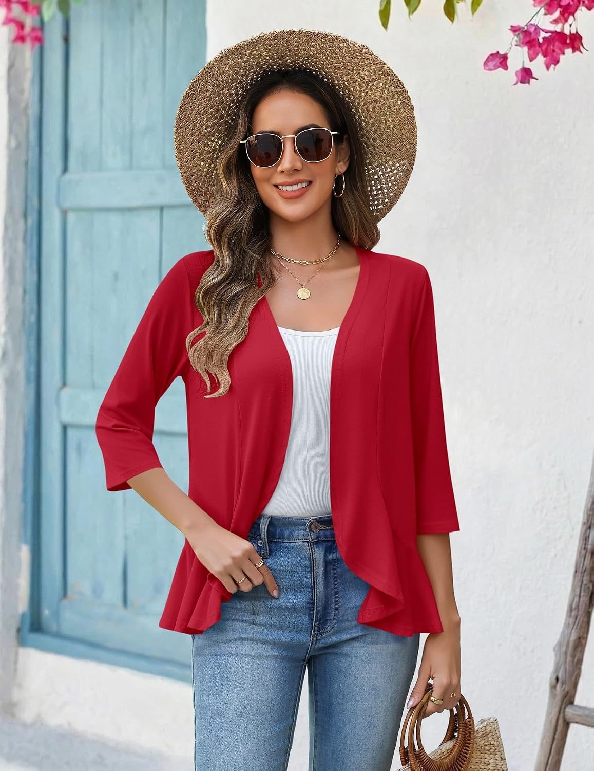 image:imageZeagoo Womens 2026 Summer 34 Sleeve Lightweight Cardigans Ruffles CoverupRed