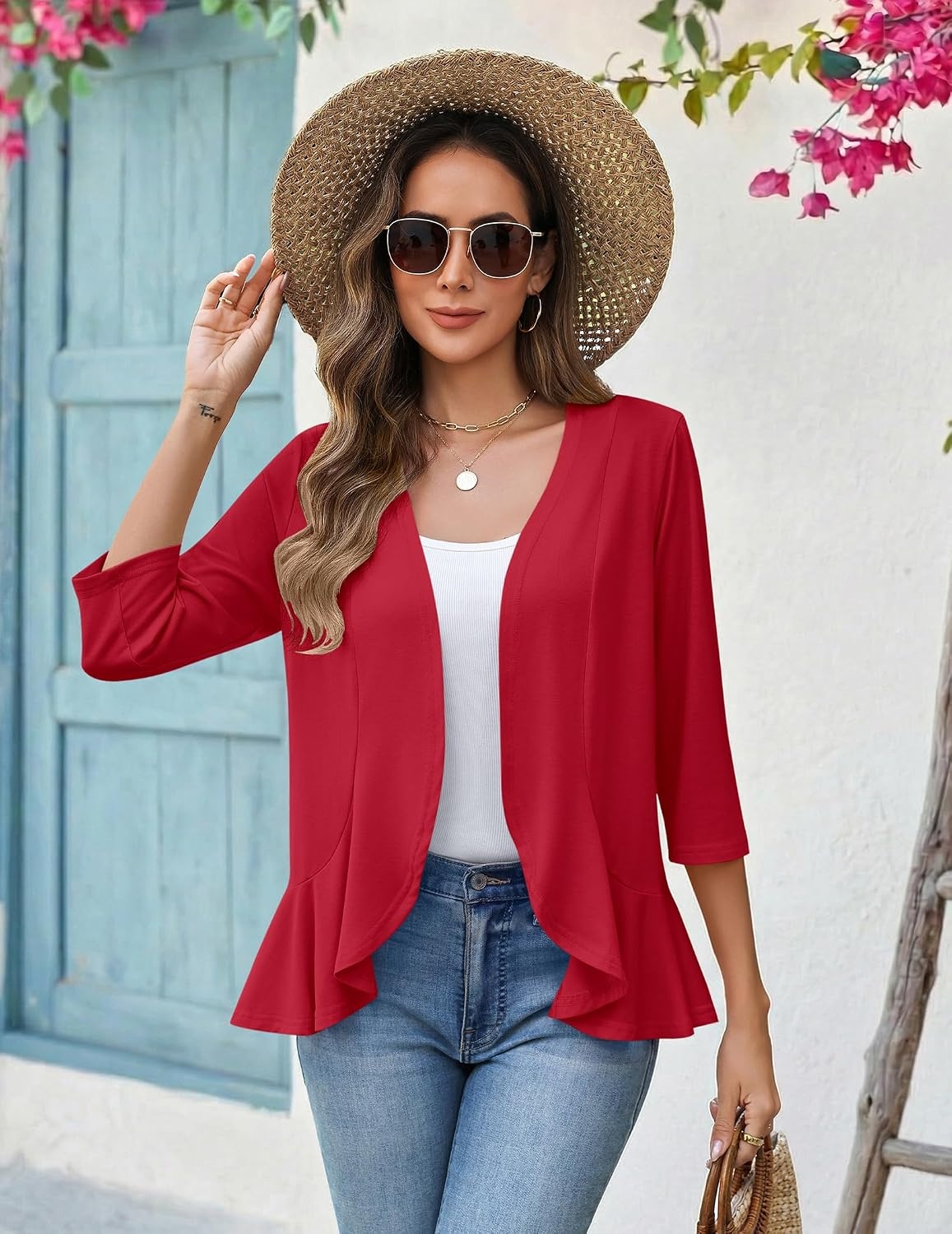 image:imageZeagoo Womens 2026 Summer 34 Sleeve Lightweight Cardigans Ruffles CoverupRed