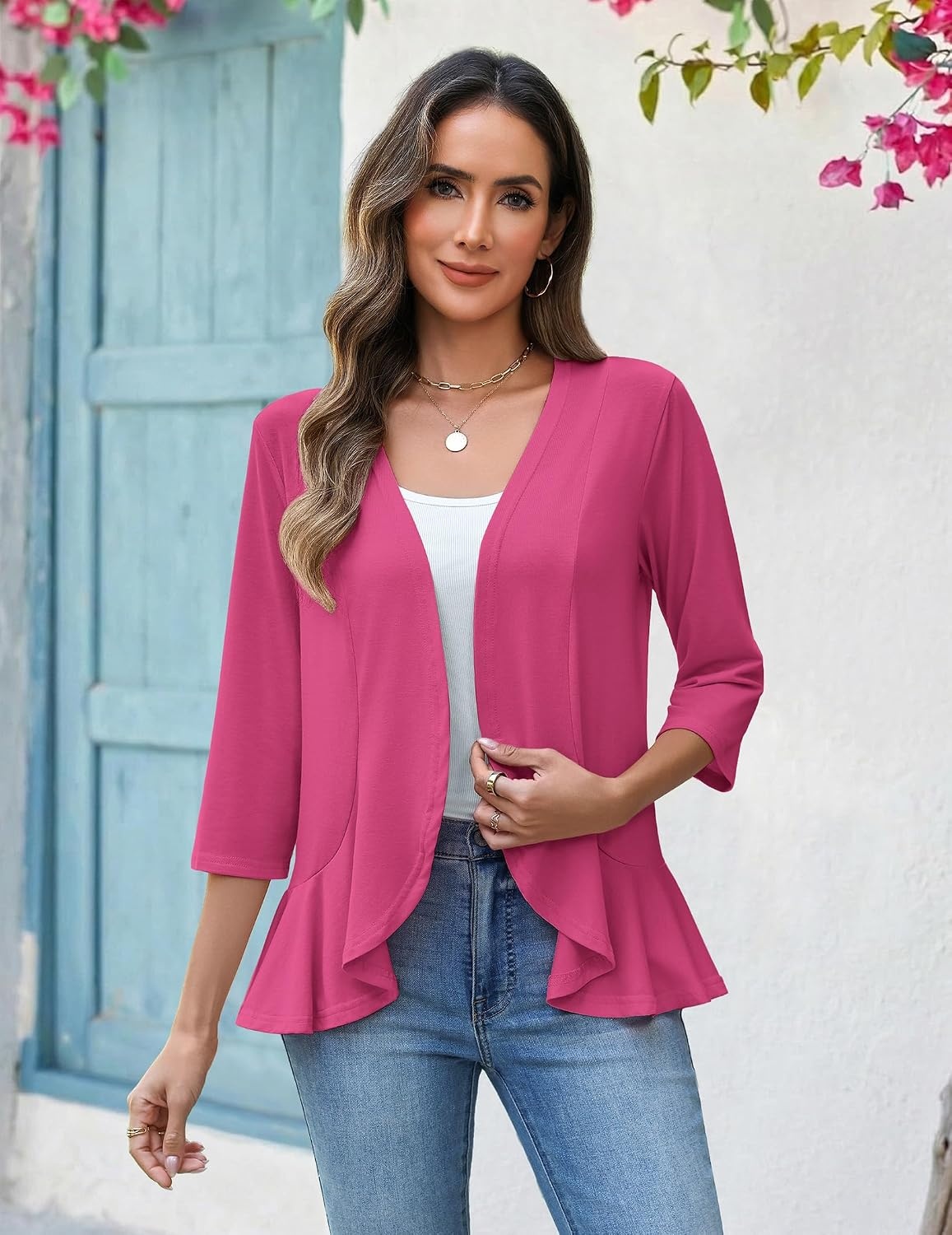 image:imageZeagoo Womens 2026 Summer 34 Sleeve Lightweight Cardigans Ruffles CoverupRose