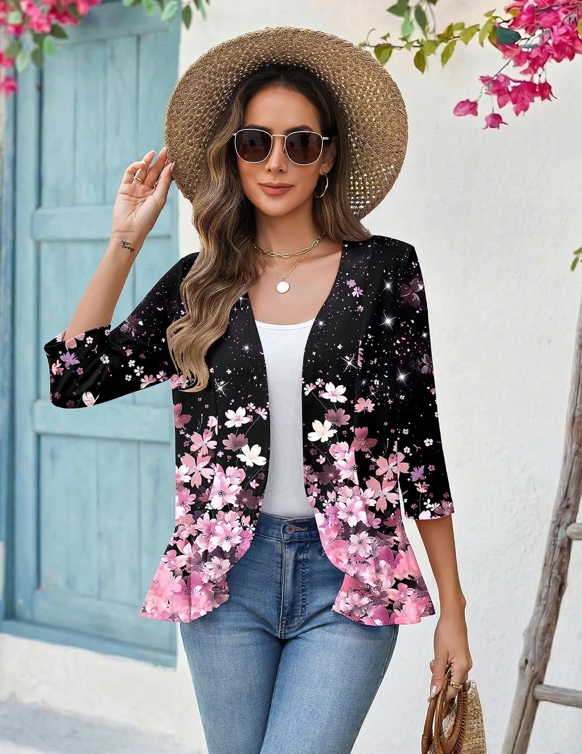 image:imageZeagoo Womens 2026 Summer 34 Sleeve Lightweight Cardigans Ruffles CoverupSf31
