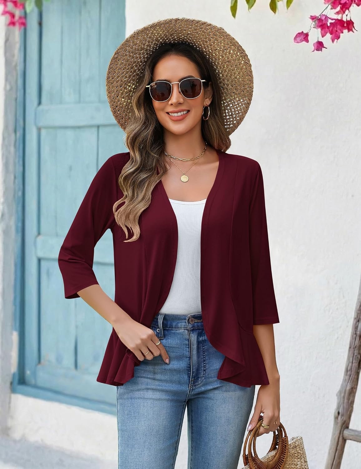 image:imageZeagoo Womens 2026 Summer 34 Sleeve Lightweight Cardigans Ruffles CoverupWine Red