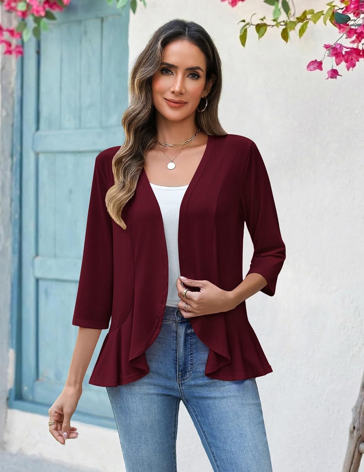 image:imageZeagoo Womens 2026 Summer 34 Sleeve Lightweight Cardigans Ruffles CoverupWine Red