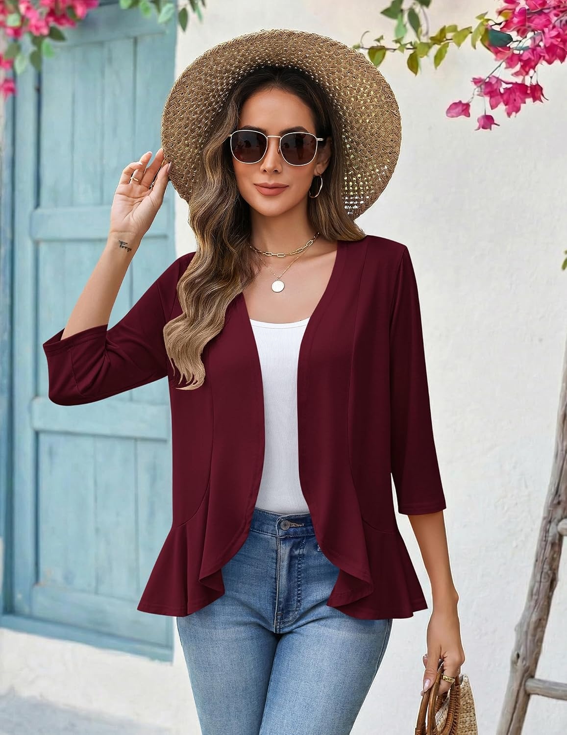 image:imageZeagoo Womens 2026 Summer 34 Sleeve Lightweight Cardigans Ruffles CoverupWine Red