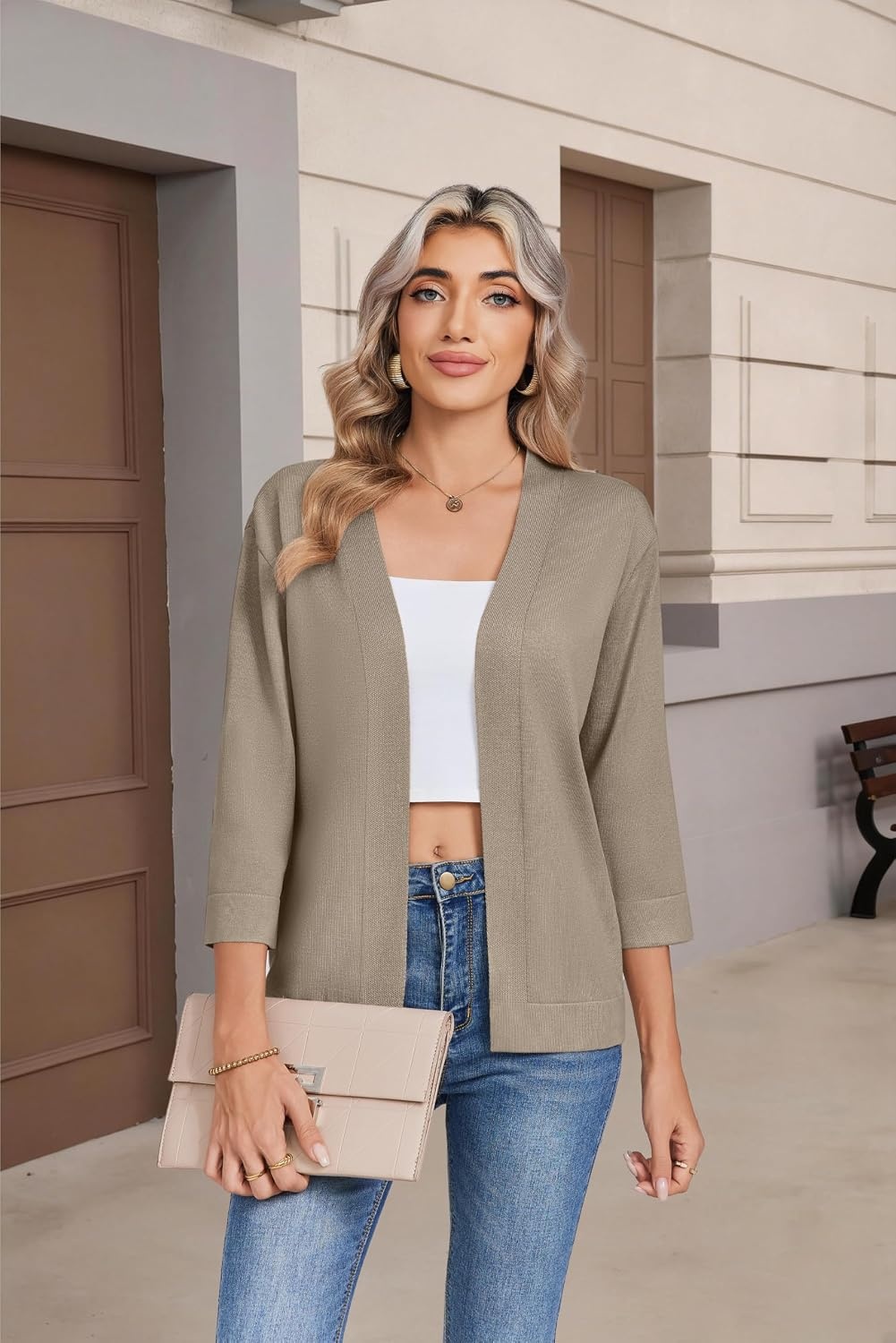 image:imageZeagoo Womens 34 Sleeve Cropped Cardigan Sweater Lightweight Bolero ShrugsApricot