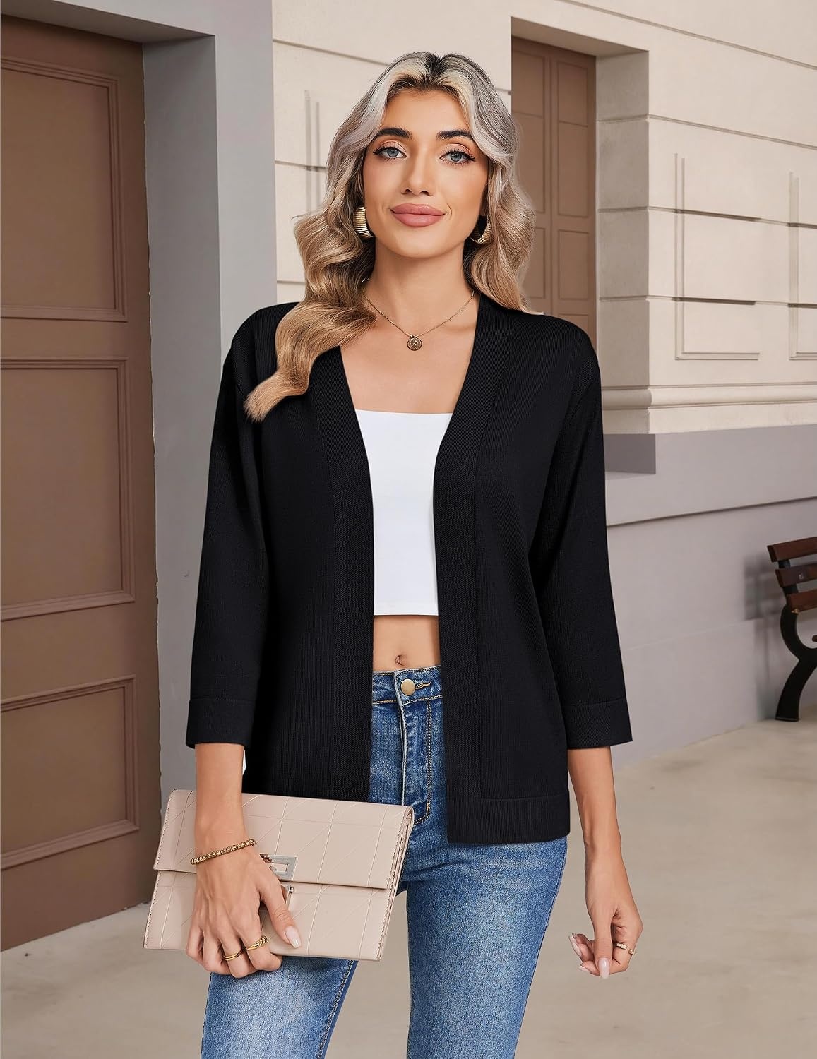 image:imageZeagoo Womens 34 Sleeve Cropped Cardigan Sweater Lightweight Bolero ShrugsBlack