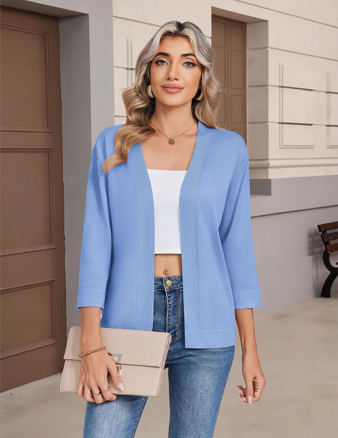 image:imageZeagoo Womens 34 Sleeve Cropped Cardigan Sweater Lightweight Bolero ShrugsBlue