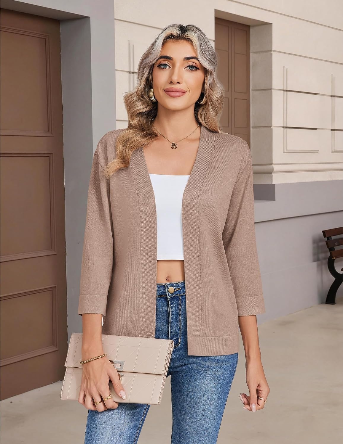 image:imageZeagoo Womens 34 Sleeve Cropped Cardigan Sweater Lightweight Bolero ShrugsBrown