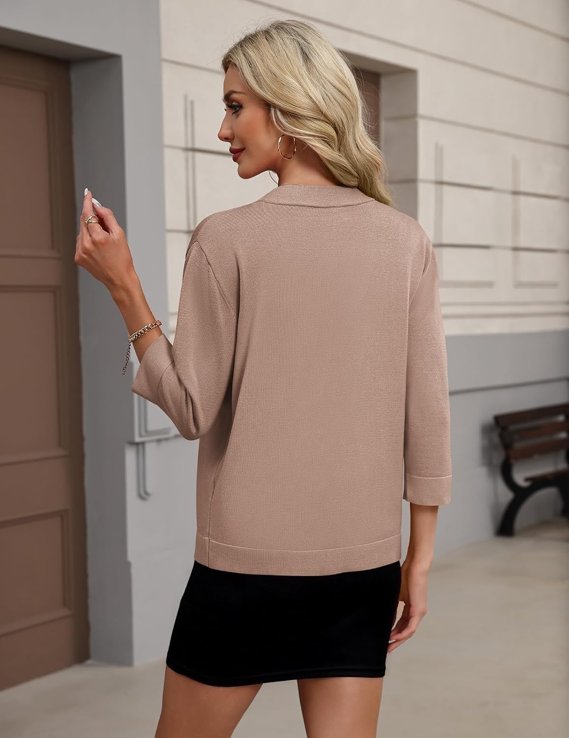 image:imageZeagoo Womens 34 Sleeve Cropped Cardigan Sweater Lightweight Bolero ShrugsBrown