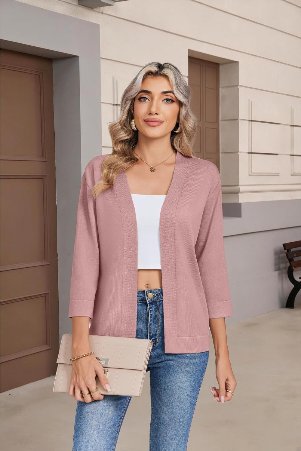 image:imageZeagoo Womens 34 Sleeve Cropped Cardigan Sweater Lightweight Bolero ShrugsDusty Pink