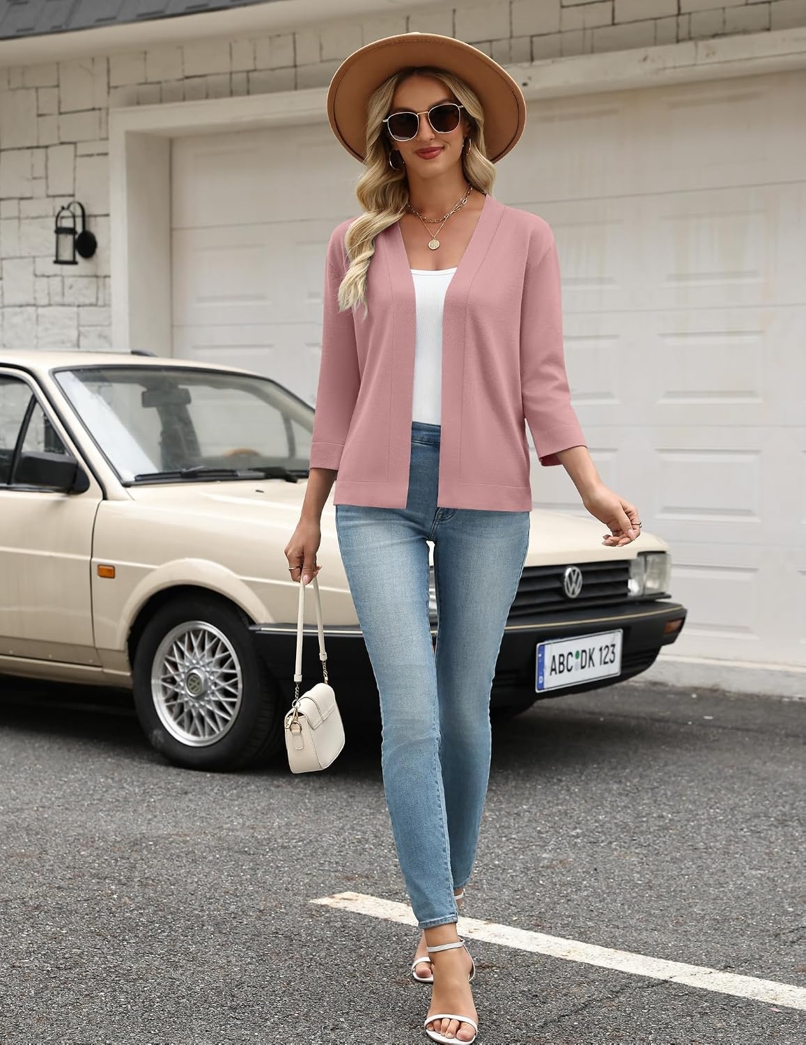 image:imageZeagoo Womens 34 Sleeve Cropped Cardigan Sweater Lightweight Bolero ShrugsDusty Pink