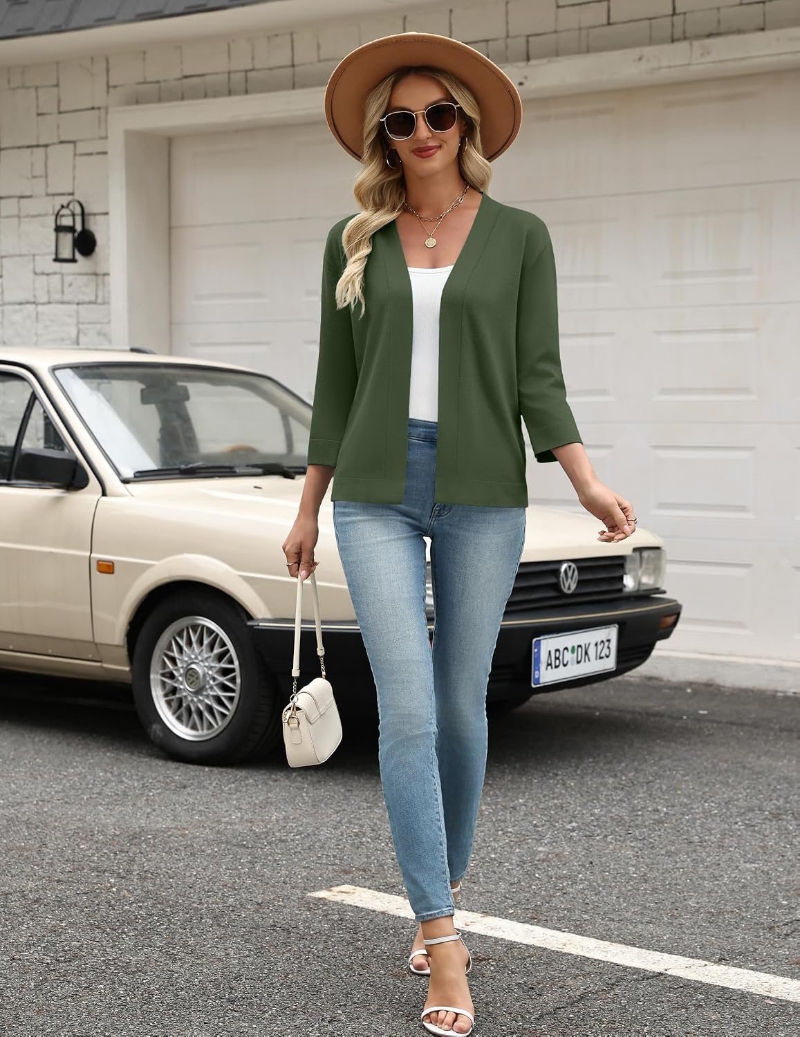 image:imageZeagoo Womens 34 Sleeve Cropped Cardigan Sweater Lightweight Bolero ShrugsGreen